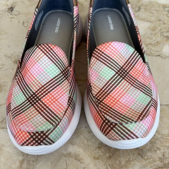 Lands End Womens Gatas Lightweight Comfort Slip On Shoes Pink Plaid Round Toe - Picture 9 of 11